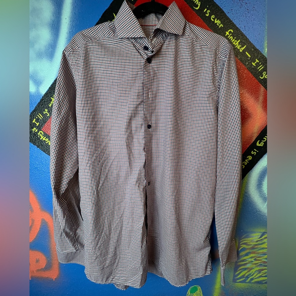 Eton Red White Blue Micro Check Button Down Shirt Made in Sweden Men’s 15.5